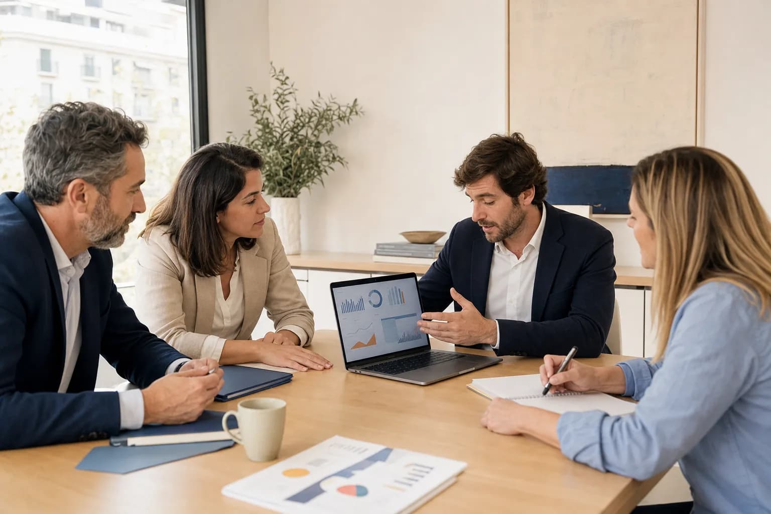 Equipo inmobiliario revisando resultados comerciales y acordando prioridades mensuales
