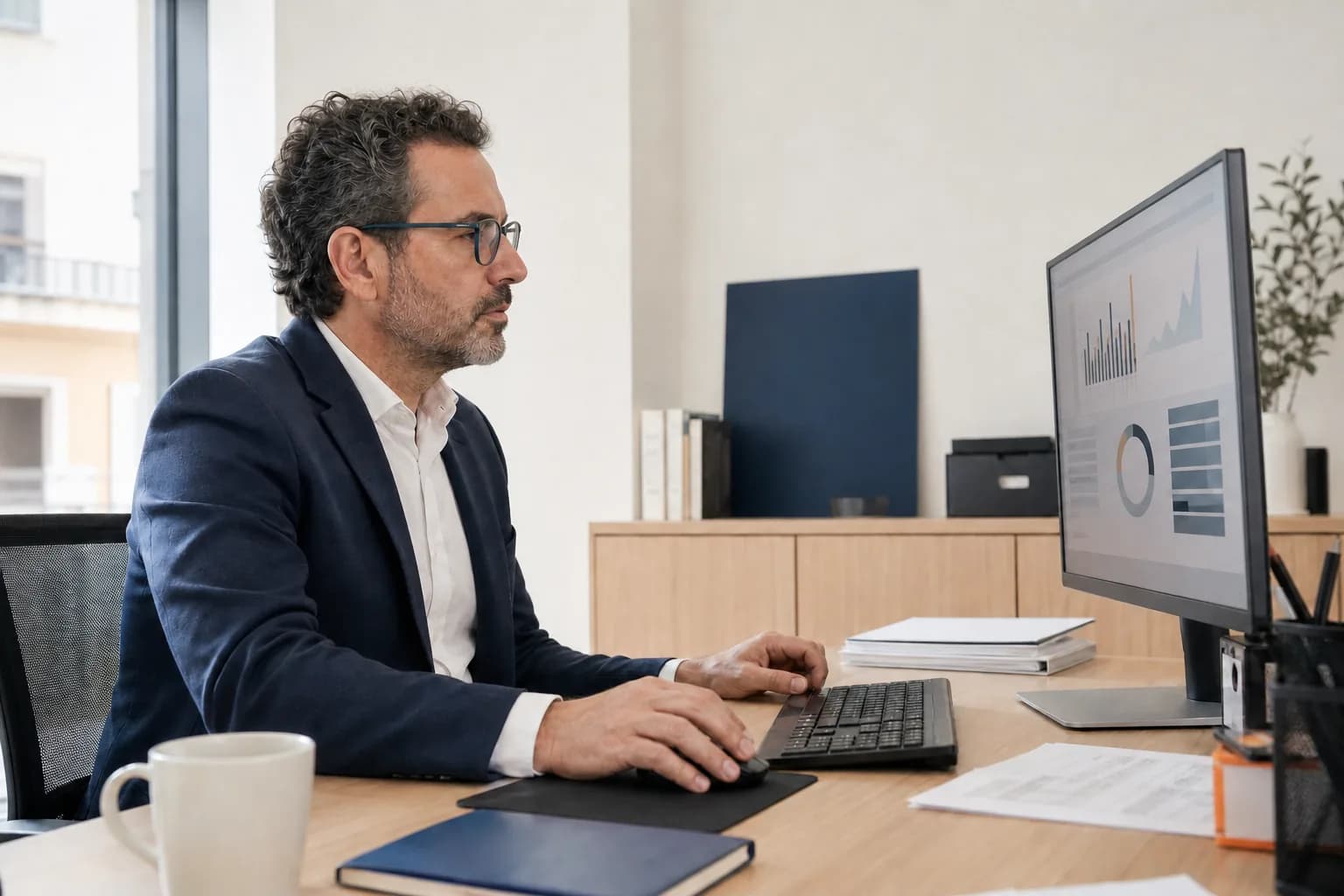 Director comercial inmobiliario revisando resultados mensuales en su oficina